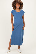 Blue Side Slit Maternity Midi T-Shirt Dress