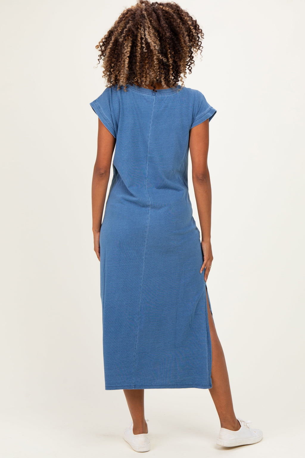 Blue Side Slit Maternity Midi T-Shirt Dress