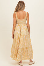Yellow Gingham Sleeveless Tiered Maternity Maxi Dress