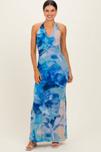 Blue Floral Halter Mesh Maternity Maxi Dress
