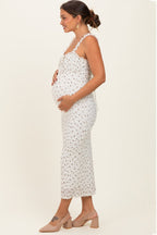 Ivory Floral Ruffle Strap Maternity Midi Dress