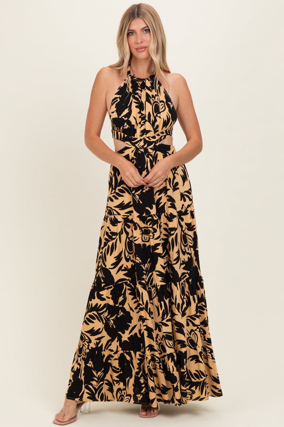 Black Floral Halter Cutout Open Back Maternity Maxi Dresses