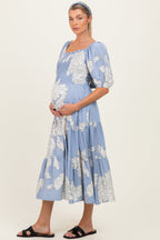 Light Blue Floral Cutout Tie Back Maternity Midi Dress
