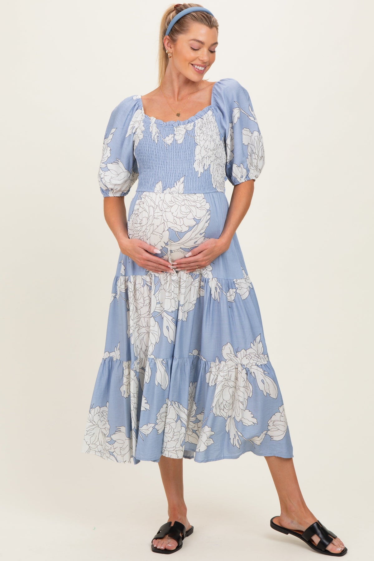 Light Blue Floral Cutout Tie Back Maternity Midi Dress