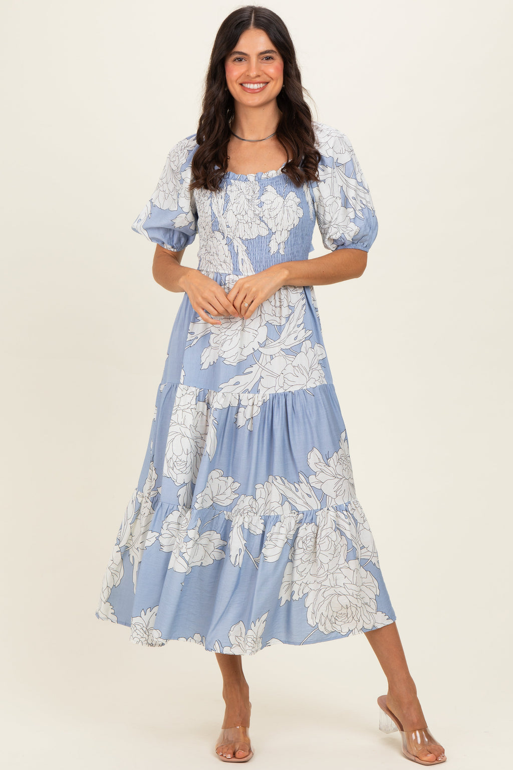 Light Blue Floral Cutout Tie Back Maternity Midi Dress