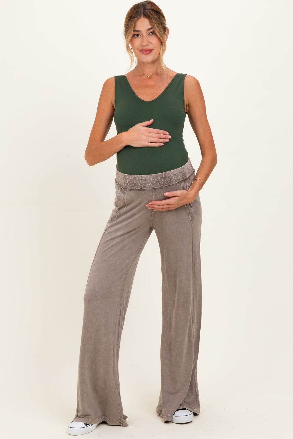 Coffee Mineral Wash Wide Leg Maternity Pants