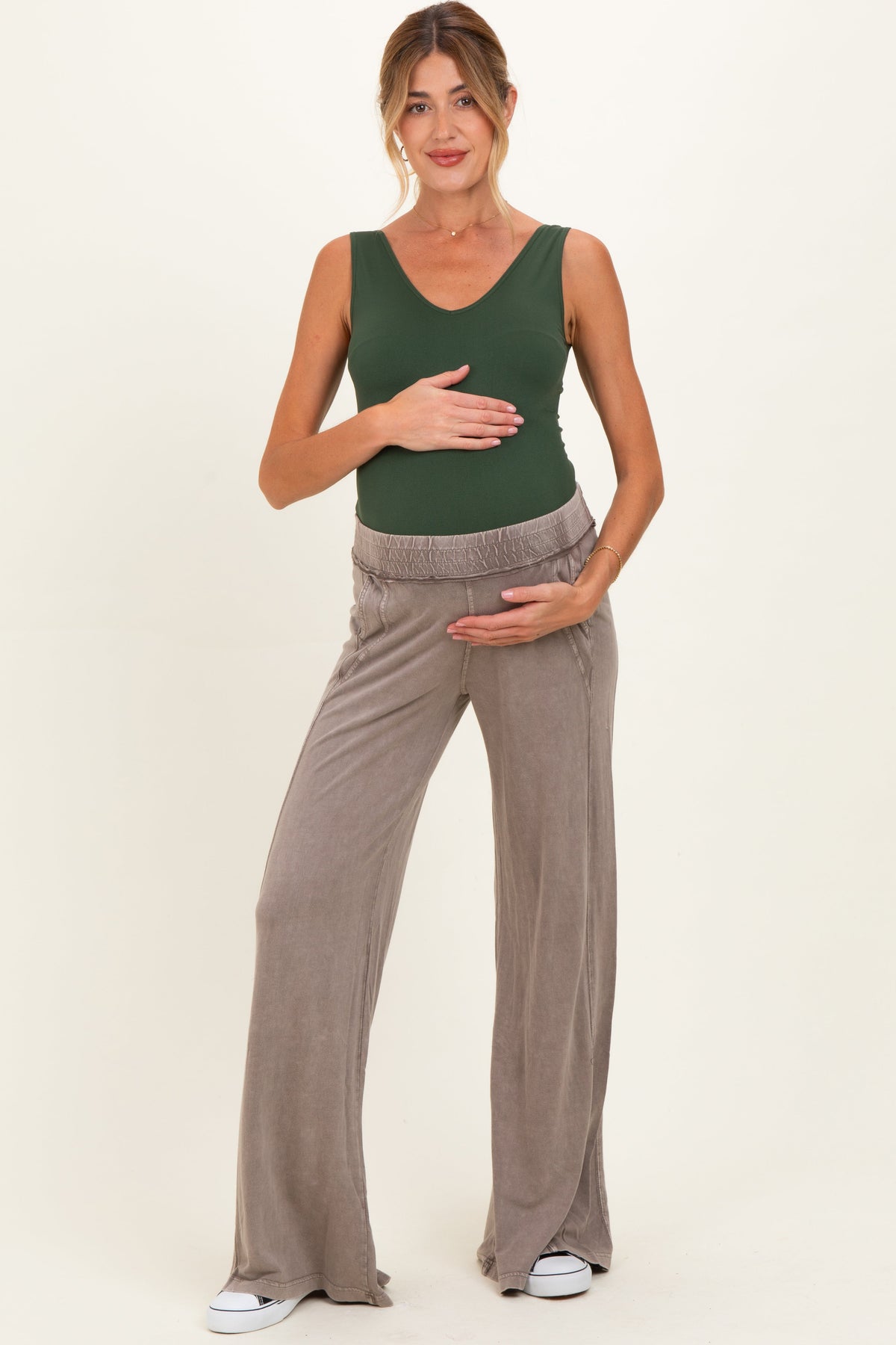 Coffee Mineral Wash Wide Leg Maternity Pants