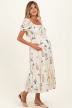 Ivory Floral Puff Sleeve Maternity Midi Dress