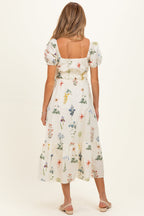Ivory Floral Puff Sleeve Maternity Midi Dress