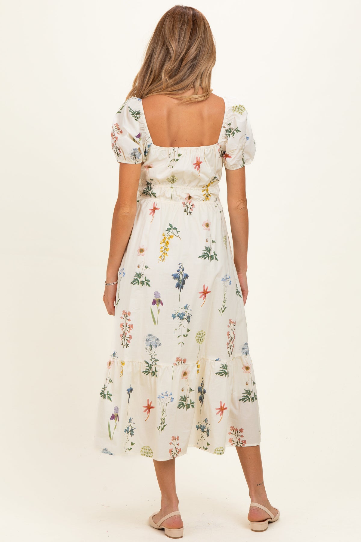 Ivory Floral Puff Sleeve Maternity Midi Dress