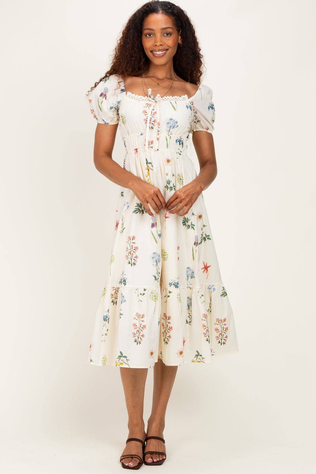 Ivory Floral Puff Sleeve Maternity Midi Dress