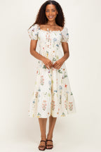 Ivory Floral Puff Sleeve Maternity Midi Dress