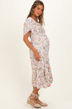 Ivory Floral Flutter Sleeve Maternity Midi Dress