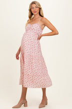 Light Pink Floral Ribbon Detail Maternity Midi Dress