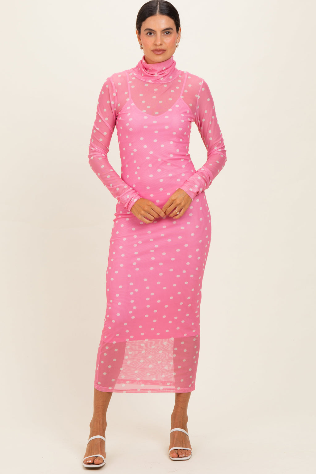 Pink Polka Dot Mesh Overlay Maternity Midi Dress