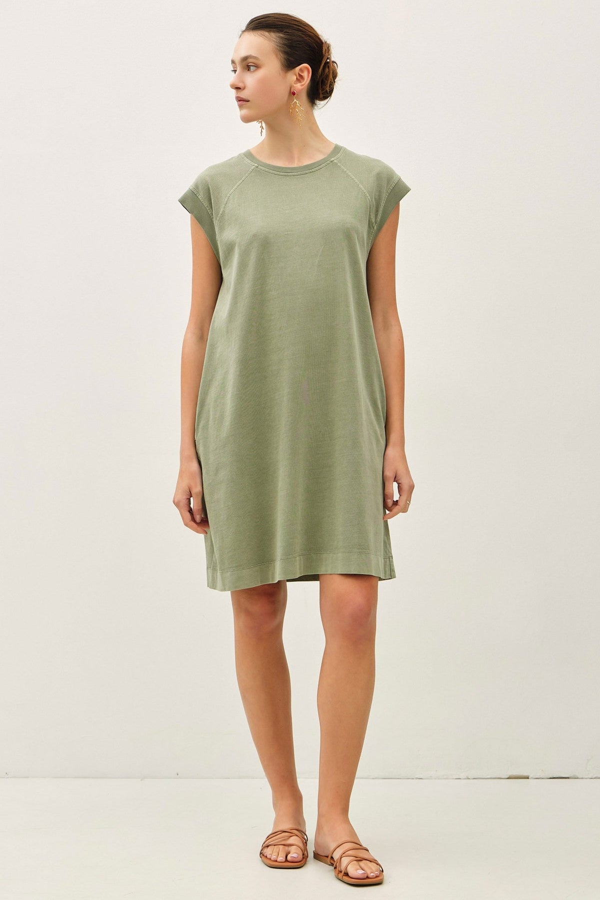 Olive Garment Washed Casual Capped Sleeve Maternity Dress