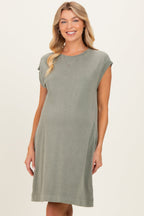 Olive Garment Washed Casual Capped Sleeve Maternity Dress