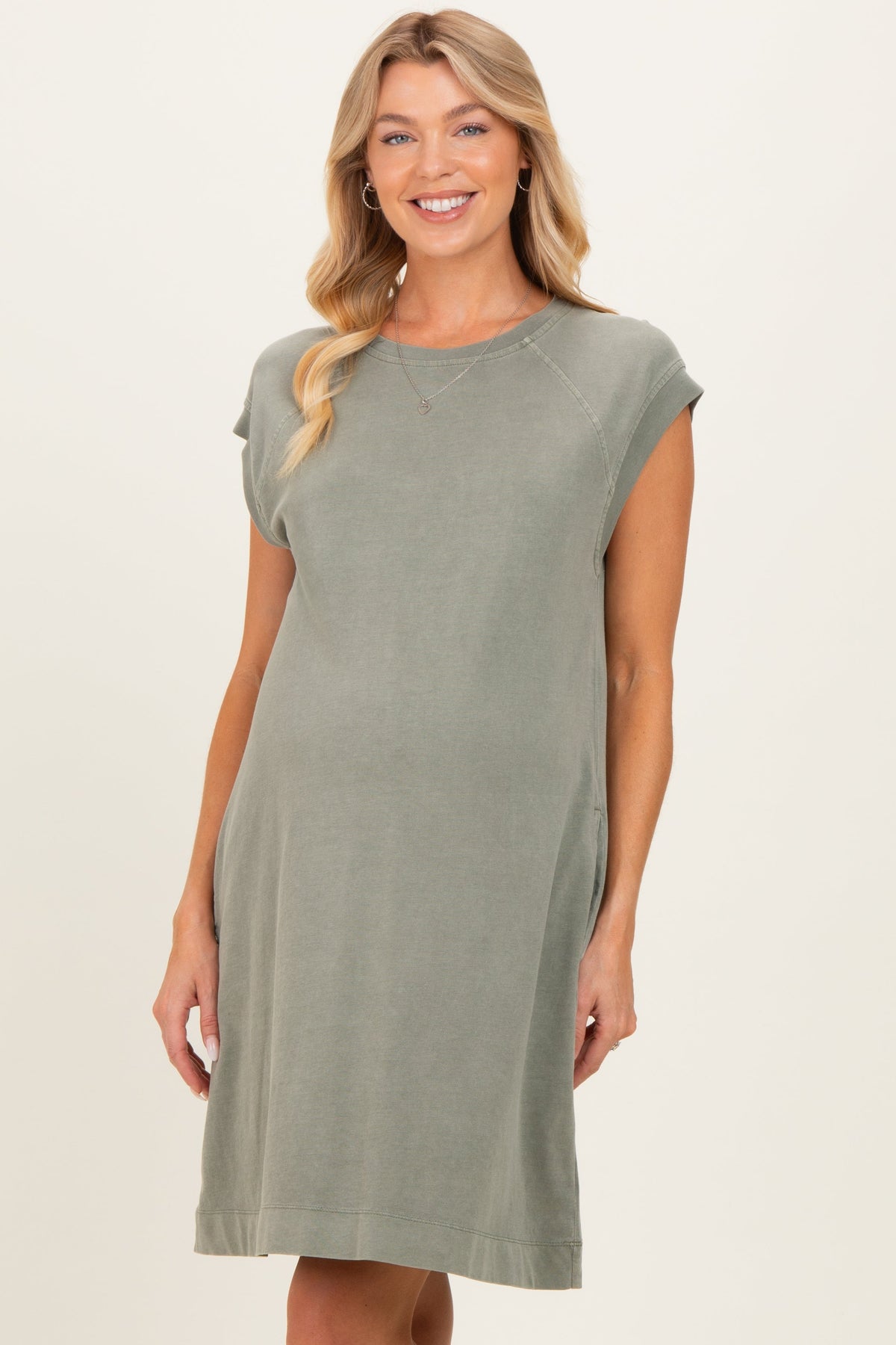 Olive Garment Washed Casual Capped Sleeve Maternity Dress