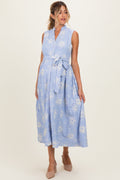 Light Blue Embroidered Sleeveless Maternity Midi Shirt Dress