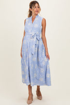 Light Blue Embroidered Sleeveless Maternity Midi Shirt Dress