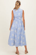 Light Blue Embroidered Sleeveless Maternity Midi Shirt Dress