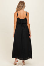 Black Sleeveless Flower Belt Maxi Dress