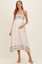Brown Floral Embroidery Scalloped Midi Dress