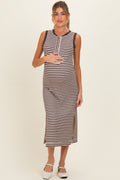 Brown Striped Knit Maternity Midi Henley Tank Dress