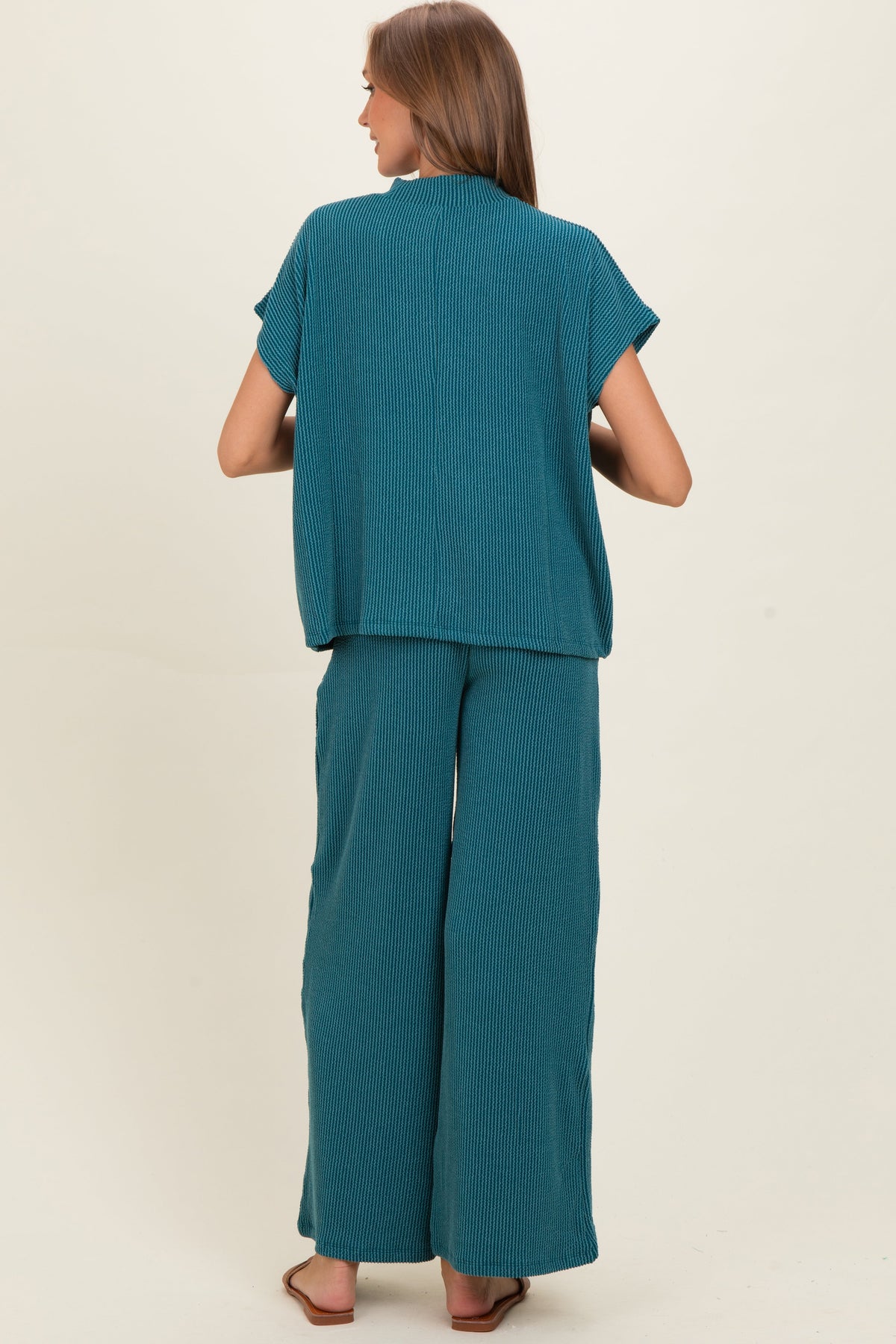 Teal Textured Rib Mock Neck Short Sleeve Pant Maternity Set