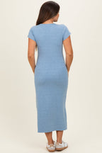 Blue Basic Crewneck Maternity Midi Dress
