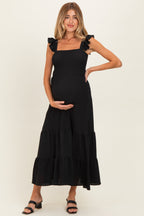 Black Ruffle Strap Smocked Maternity Maxi Dress