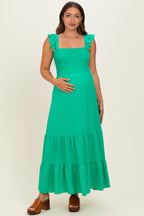Green Ruffle Strap Smocked Maternity Maxi Dress