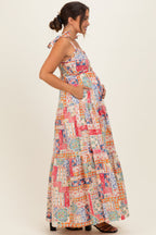 Multicolor Patchwork Print Ribbon Strap Maternity Maxi Dress