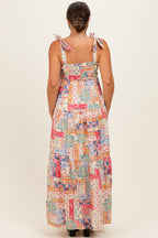 Multicolor Patchwork Print Ribbon Strap Maternity Maxi Dress