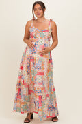 Multicolor Patchwork Print Ribbon Strap Maternity Maxi Dress