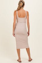 Beige Ribbed Square Neck Maternity Tank Dress