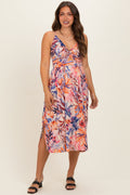 Pink Tropical Floral Twisted Front Cutout Maternity Midi Dress