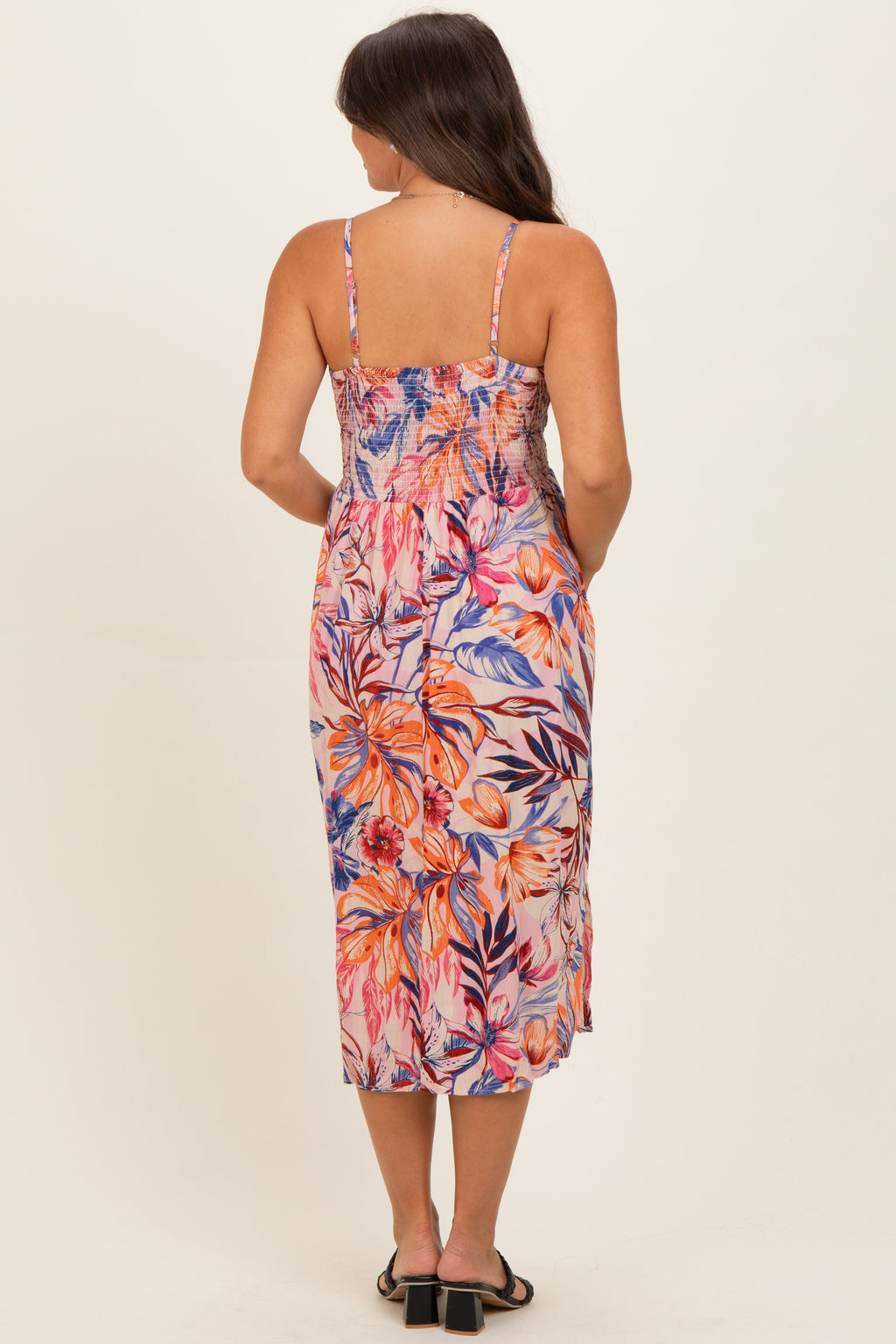 Pink Tropical Floral Twisted Front Cutout Maternity Midi Dress