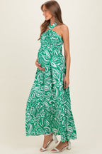 Green Printed Halter Neck Keyhole Maternity Maxi Dress