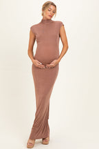 Brown Open Back Scarf Neck Maternity Maxi Dress