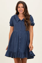 Navy Printed Ruffle Accent Maternity Shirt Dress