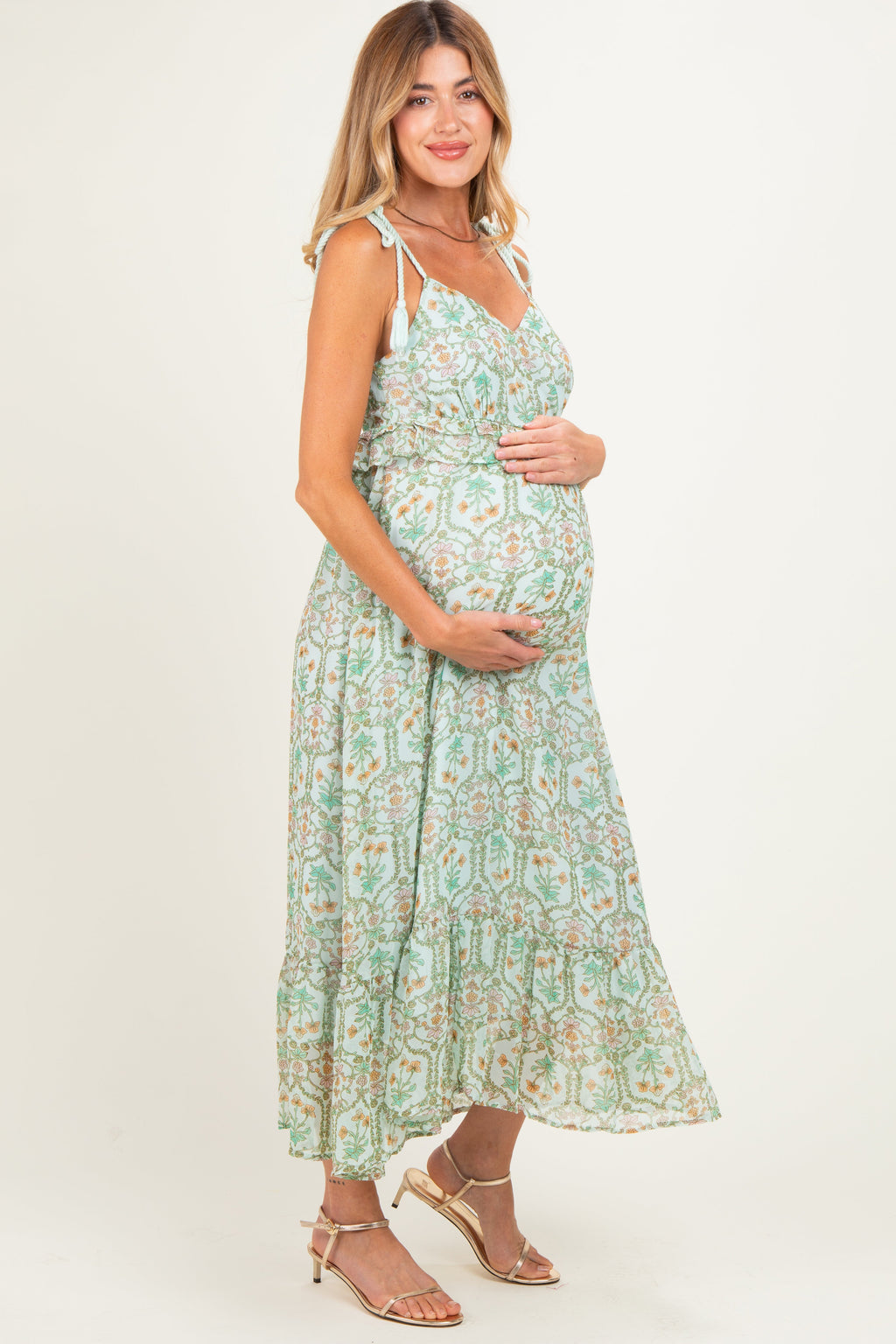Light Mint Floral Tassel Strap Maternity Midi Dress