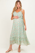 Light Mint Floral Tassel Strap Maternity Midi Dress