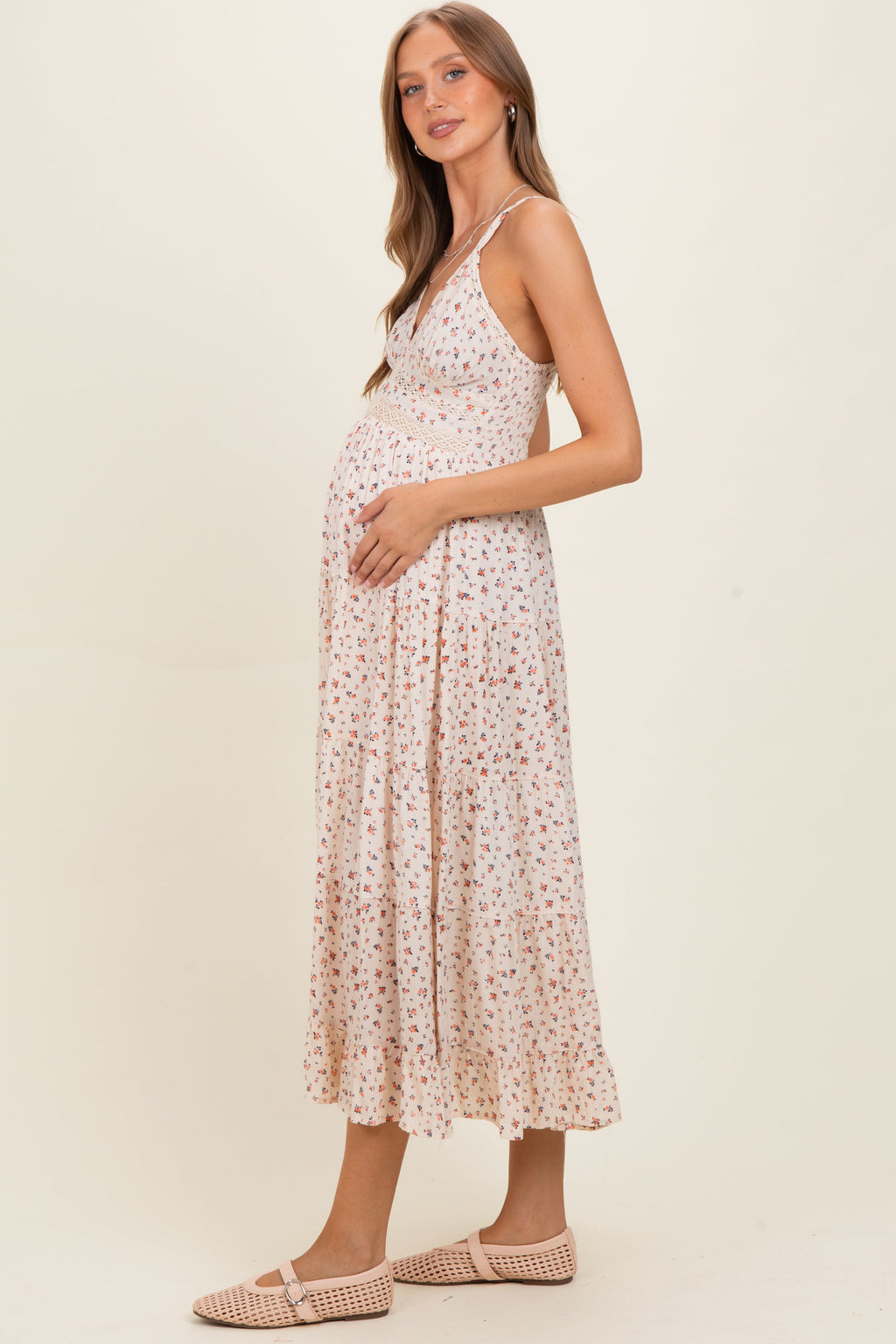 Ivory Printed Lace Inset Tiered Maternity Maxi Dress