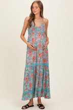 Mint Smocked Bust V Neck Lace Trim Maternity Maxi Dress