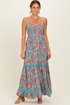 Mint Smocked Bust V Neck Lace Trim Maternity Maxi Dress