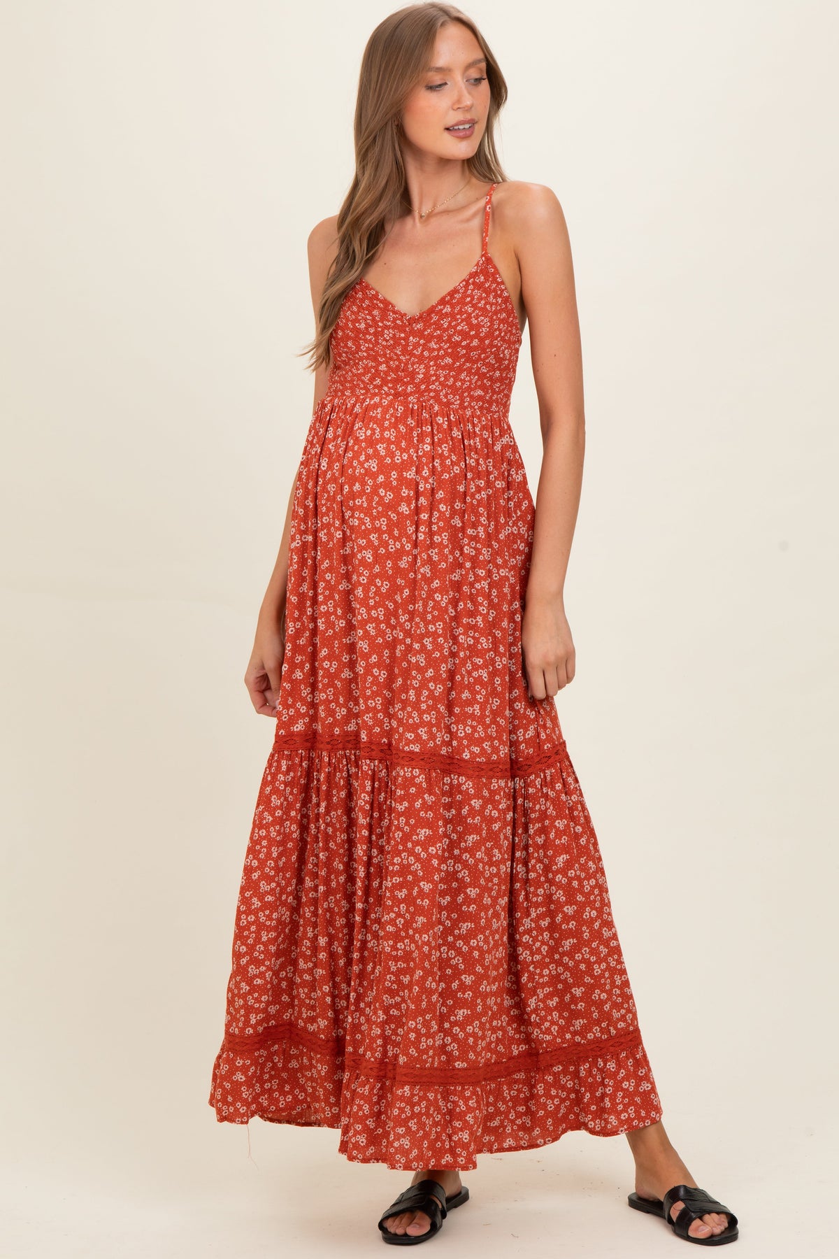 Rust Smocked Bust V Neck Lace Trim Maternity Maxi Dress