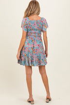 Teal V Neck Smocked Bust Short Sleeve Short Maternity  Dress