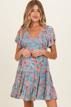 Teal V Neck Smocked Bust Short Sleeve Short Maternity  Dress