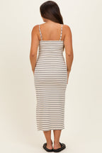 Cream Striped Sleeveless Side Slit Maternity Midi Dress